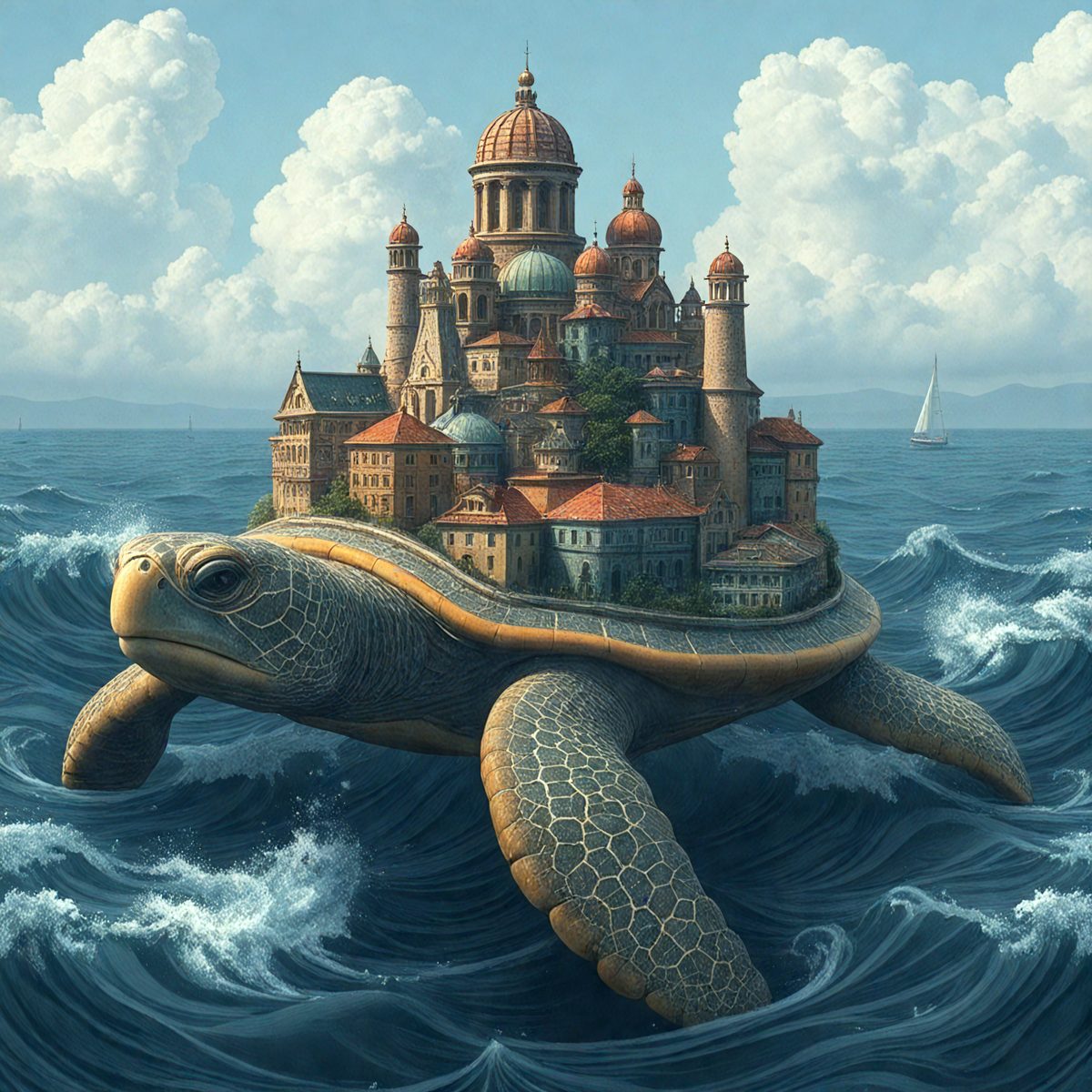 Primary subject: A large turtle with a castle on its back.

Setting/background: The turtle is floating on a body of water, with a castle in the background.

Visual style: The image is a painting, featuring a unique and imaginative scene.

Colors and mood: The painting has a vibrant and lively atmosphere, with the turtle and castle being the main focus.